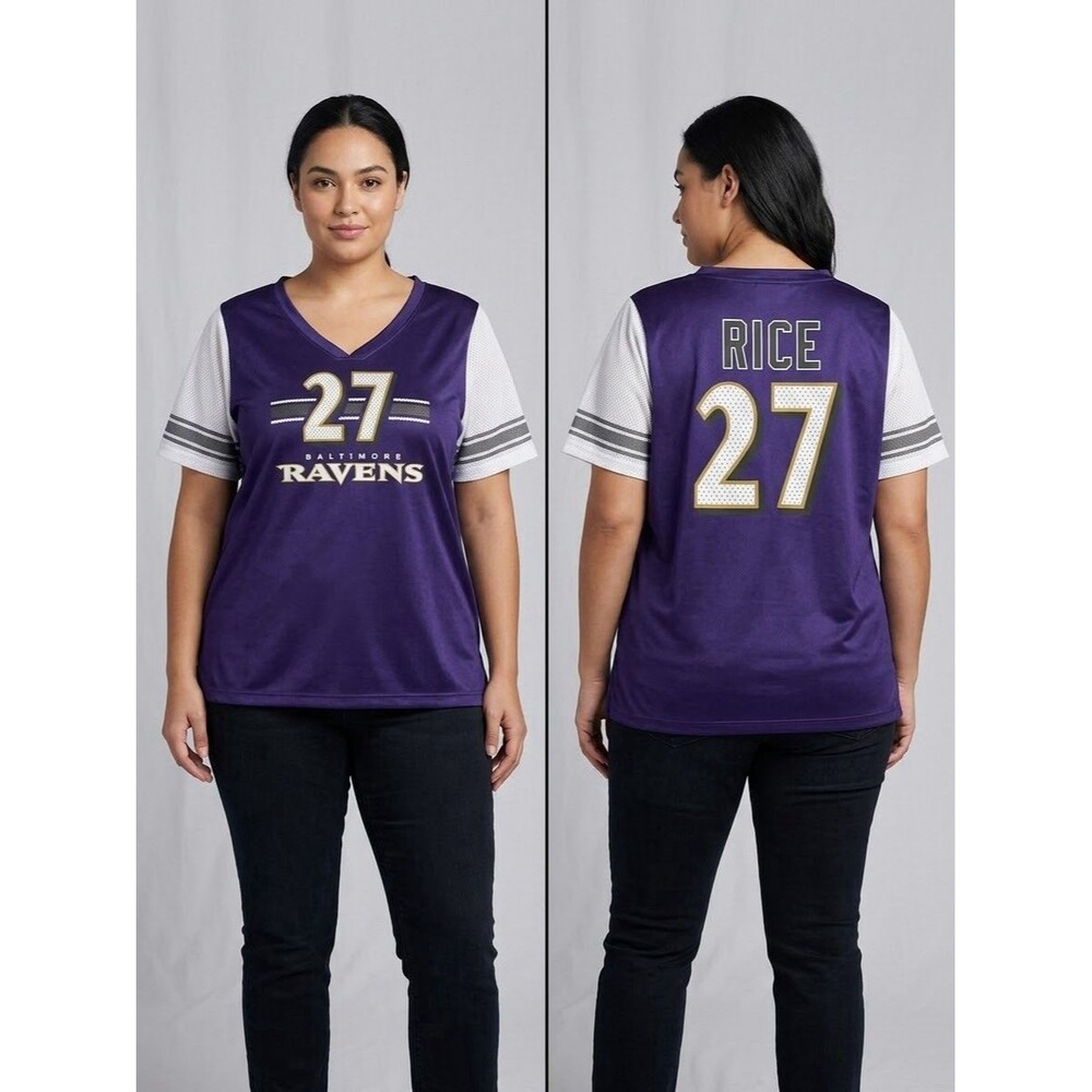 NFL Glitter Ravens Ray Rice 27 Jersey Shirt Womens 3XL Purple V-Neck Game